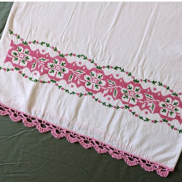 Vintage Pink cross stitch + crochet edge pillow case, nursery decor, romantic - Picture 1 of 6